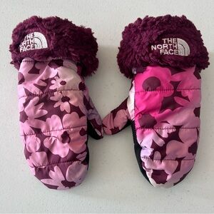 The North Face Girls Mossbud Swirl Mittens Floral Size XL Faux Fur Pink Lined